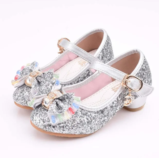 Детские туфли принцессы для девочек, Повседневная блестящая детская обувь на высоком каблуке с бабочкой