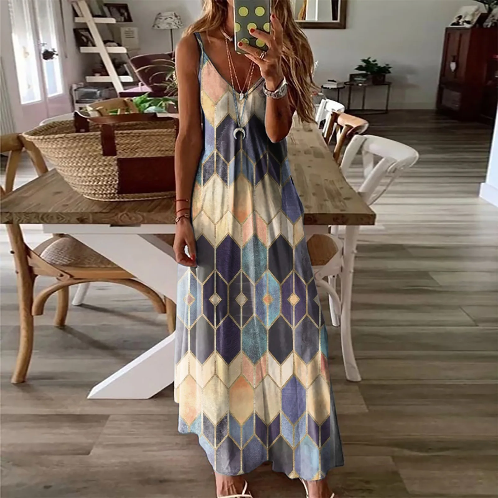 Women Dresses Ladies Sleeveless V-Neck Camisole A-Line Camisole Casual Printed Long Dress for Women 2021 Fashion Mujer Vestido bridesmaid dresses