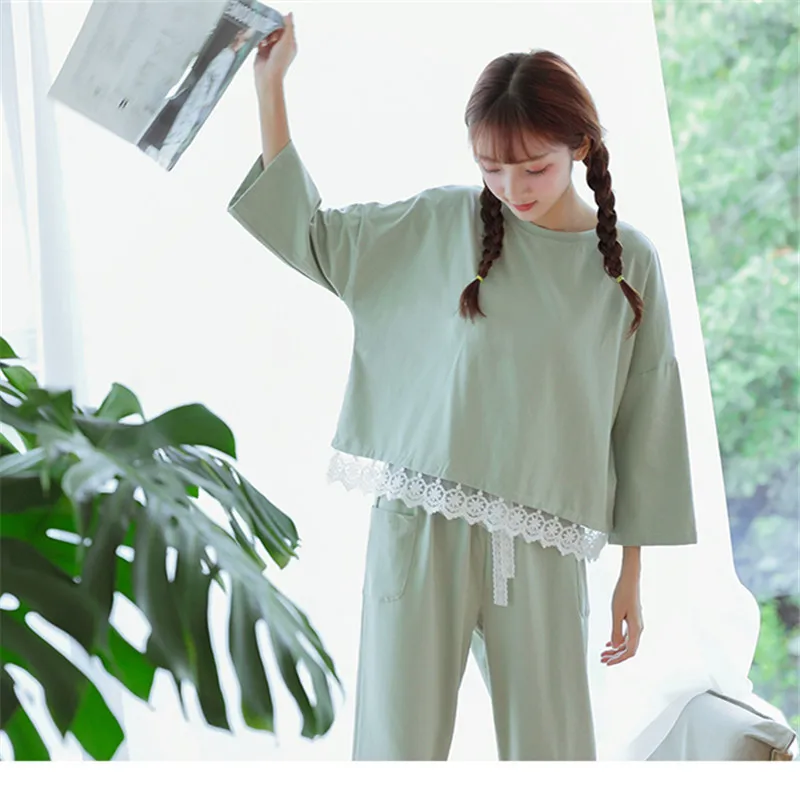 

[According Feminine] Korean-style Three-quarter-length Sleeve Pajamas Pure Green Lace-Outer Wear Tracksuit