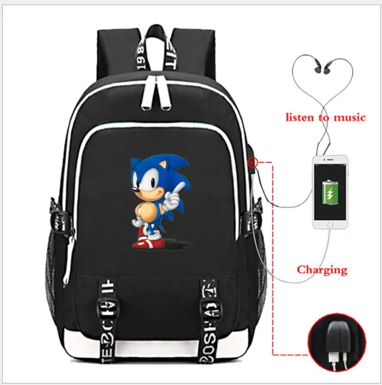 Sonic рюкзак с ежом с usb зарядным портом и замком и разъемом для наушников для студентов колледжа школьные сумки - Цвет: as pictures