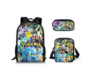 

Fashion 3PCs/Set Children's Backpack Pokemon Prints Pattern School Bags Set Kawaii Pikachu Tennagers Book Bags Set