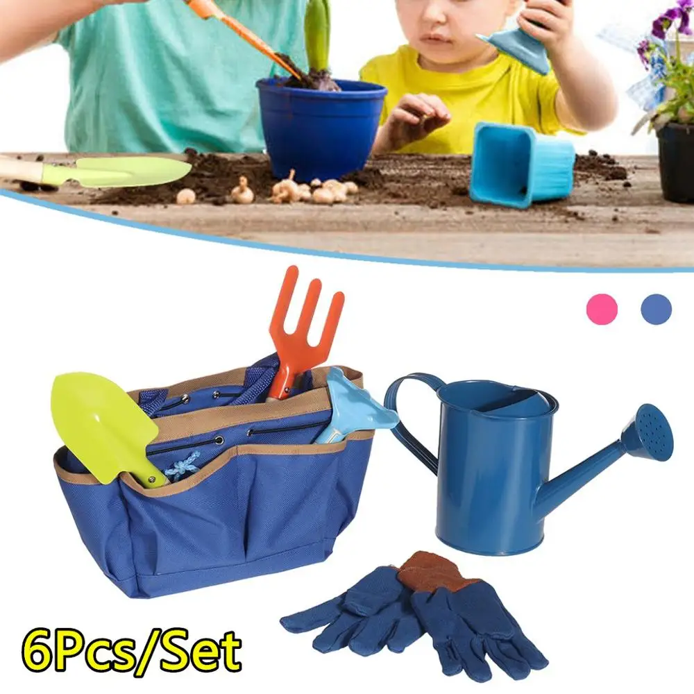 6Pcs Kids Gardening Tools Children Shovel Spade Fork Set Tote Bag Garden Yard