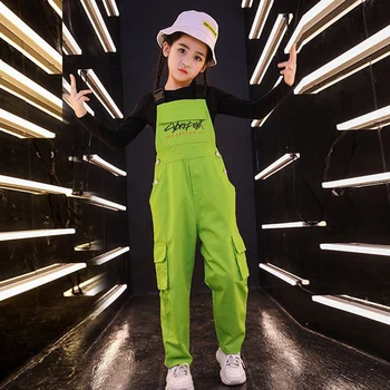 

Children Street Dance Stage Outfit Girls HipHop Green Bib Pants Jazz Dance Autumn Long Sleeve Tops Modern Dancing Clothes VO107
