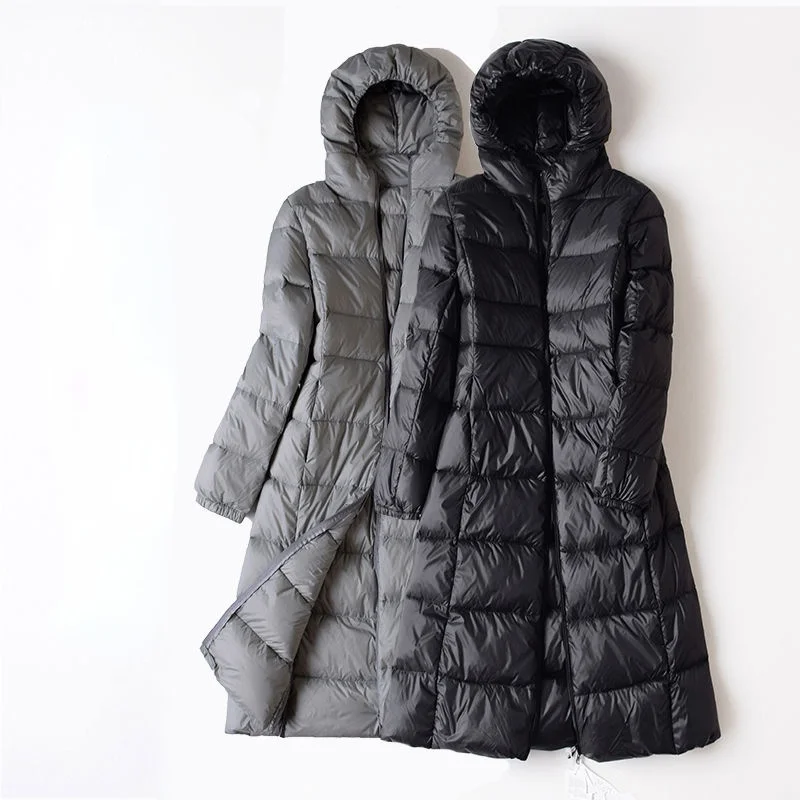 4XL Ultra Light Winter Woman White Duck Down Hooded Long Jacket Female Overcoat Slim Solid Jackets Coat Portable Parkas X440 | Женская