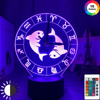 

Constellation Pisces Acrylic 3d Lamp with Time Clock for Girl Bedroom Decor Nightlight Color Changing Remote Usb Led Night Light