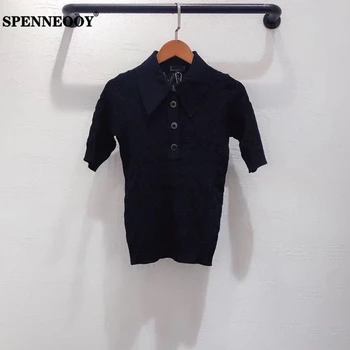 

SPENNEOOY Designer Custom Runway Women Summer Solid Knitting Stretchy T Shirt Ladies Textured Knit Button Casual Slim Tees Tops