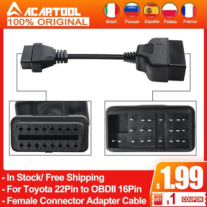 For Toyota 22Pin to OBDII 16Pin Female Connector Adapter Cable DLC Lead Fits 22 Pin OBD2 16 Free Ship | Автомобили и мотоциклы