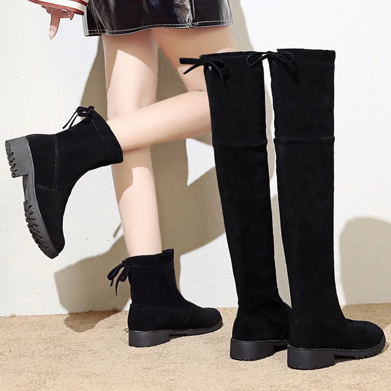 

Solid black ladies knee high boots autumn/winter 2019 new arrival classic elastic force boots women botas feminina