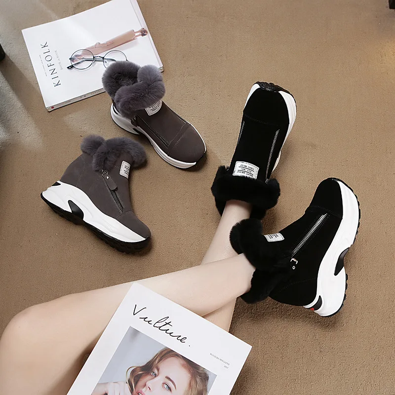Skup SWYIVY Chunky platforma trampki królik zimowe buty z futrem kobiety śniegowe buty kliny 2019 kobieta czarne dorywczo krótkie botki ciepłe