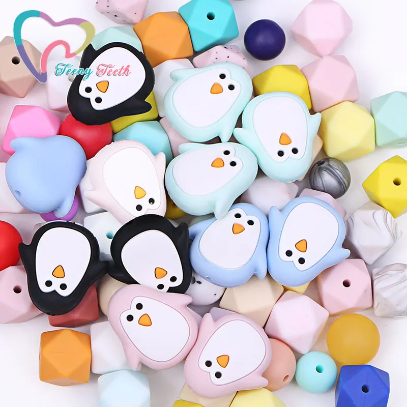 

10PCS Cartoon Silicone Penguin Beads Chewable Animal Baby Teething Loose Beads Pacifier Chain Accessories BPA Free Baby Teethers
