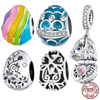 

BISAER Lucky Easter Egg Charms 925 Sterling Silver Colorful Enamel Hope Easter Eggs Charms Bracelets Original Silver 925 Jewelry