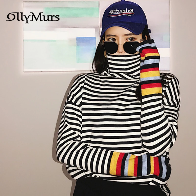 

Stitching Color Chic Female Sweaters KM130 Striped Black And White Turtleneck Sweater Patchwork Fashion Loose Knit Jumpers Fall