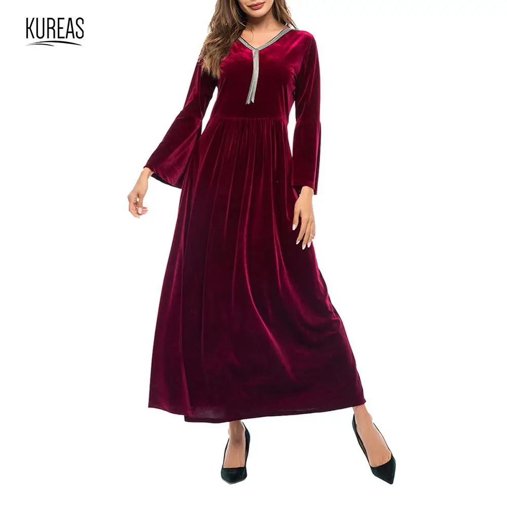 

Kureas Knitted Dresses Women Winter Autumn O Neck Elegant Velvet Dress Maxi Warm High Elastic A Line Flare Sleeve