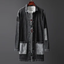 Cowboy New Autumn Casual Long Denim Jacket Trench Coats Men Fashion Elastic Windbreaker Patchwork Pocket Jeans Jackets Man