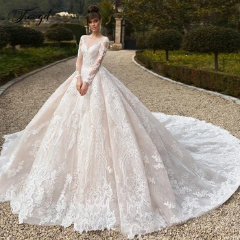 

Traugel Scoop A Line Lace Wedding Dresses Elegant Applique Long Sleeve Button Bride Dress Cathedral Train Bridal Gown Plus Size