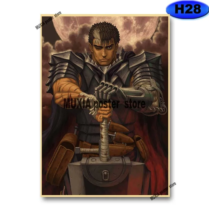 Classic Anime Berserk Poster Retro Kraft Paper Swordsman Posters and Prints Wall Sticker Home Decor Living Room Bar Art Painting