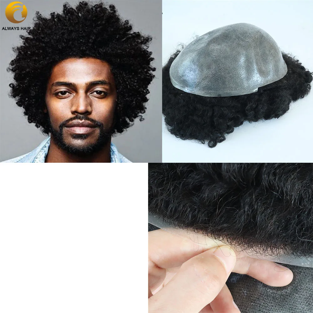 

Mens Natural Afro Toupee Indian Human Hair Curl Toupee 10mm 6 inch Black Men's Toupee