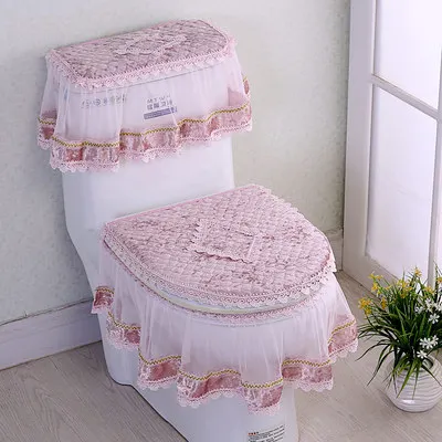 Nubstoer Flowers Toilet Seatand and Lid Cover Lace Soft Warmer Diamond Velvet Closestool Seat Cushion Pads Set Pink 