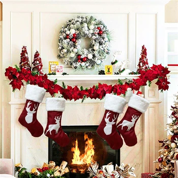 

Fabric Party Gift Bags White & Red Christmas Stocking Deer Christmas Tree Decorate Home Holiday 46cm x 27cm, 1 Piece