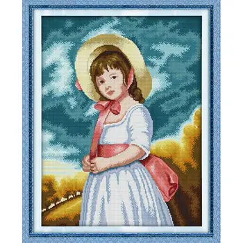 

Oil Painting Girl Joy Sunday Cross Stitch Kits Pre-set Printing Canvas for Embroidery Thread Cross Needlework Diy Dmc 14CT Decor