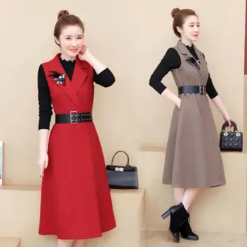 

L-5XL Autumn Winter Large Size Women 2 Piece Sets 2019 Long Sleeve Shirt+Long Coat Lady Office Plus size Two Piece Set With Belt