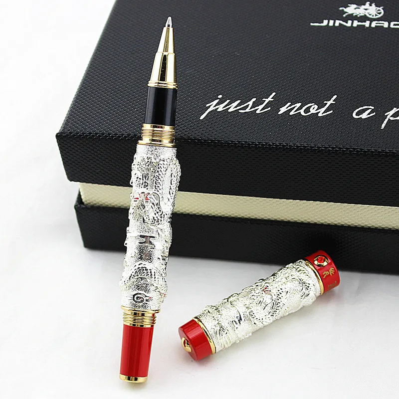 Ручки шариковые Jinhao с двойным драконом красного и серебряного цвета плавными