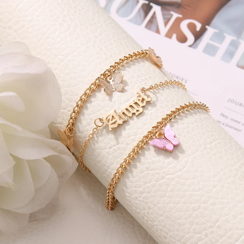 Pink Butterfly Anklets Set For Women Cute Gold Letter Angel Chain Anklet Foot Ankle Bracelet Summer Beach Jewelry
