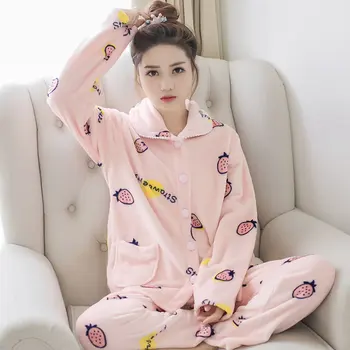 

Sleepwear Pajamas Women's Long-sleeved Autumn / Winter Flannel Thickened Plus Fleece Cardigan Home Clothes Coral Fleece