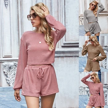 

Women Autumn Pajamas Set Long Sleeve Lace-Up Backless Crop Top Drawstring Loose Shorts Solid Color Ribbed Sleepwear Loungewear