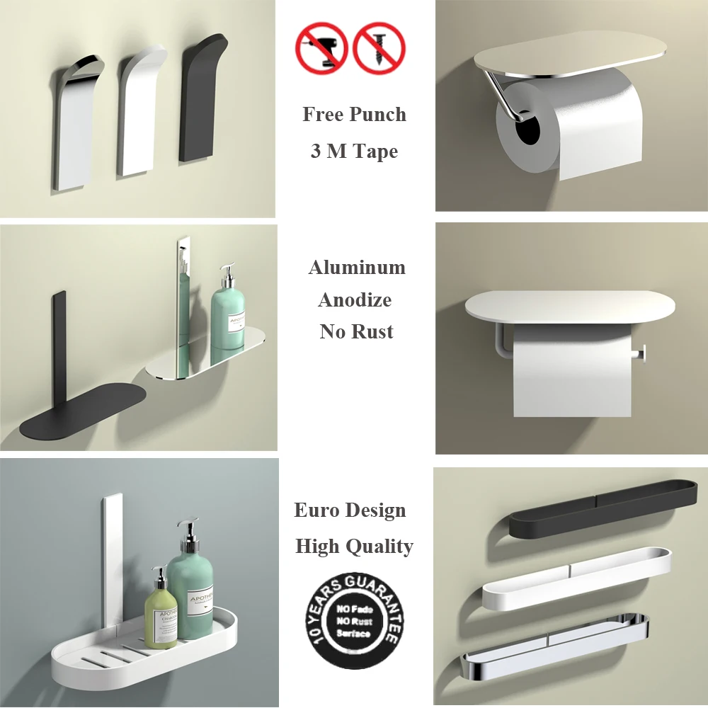Euro Style Aluminum Bathroom Sets Toilet Paper Holder Free Punch Towel Bar White Makeup Shelf Shampoo Rack 3M Tape
