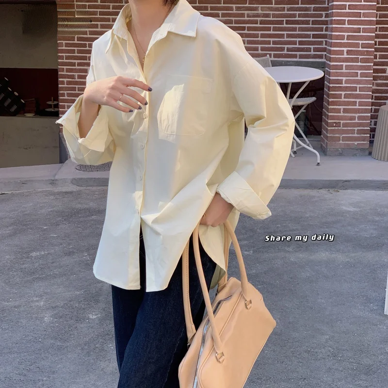 

Women's Shirt Fashion Tops Chic Turn-down Collar Shirt Long Sleeve Yellow White Pink Blue Blouse Hipster Spring