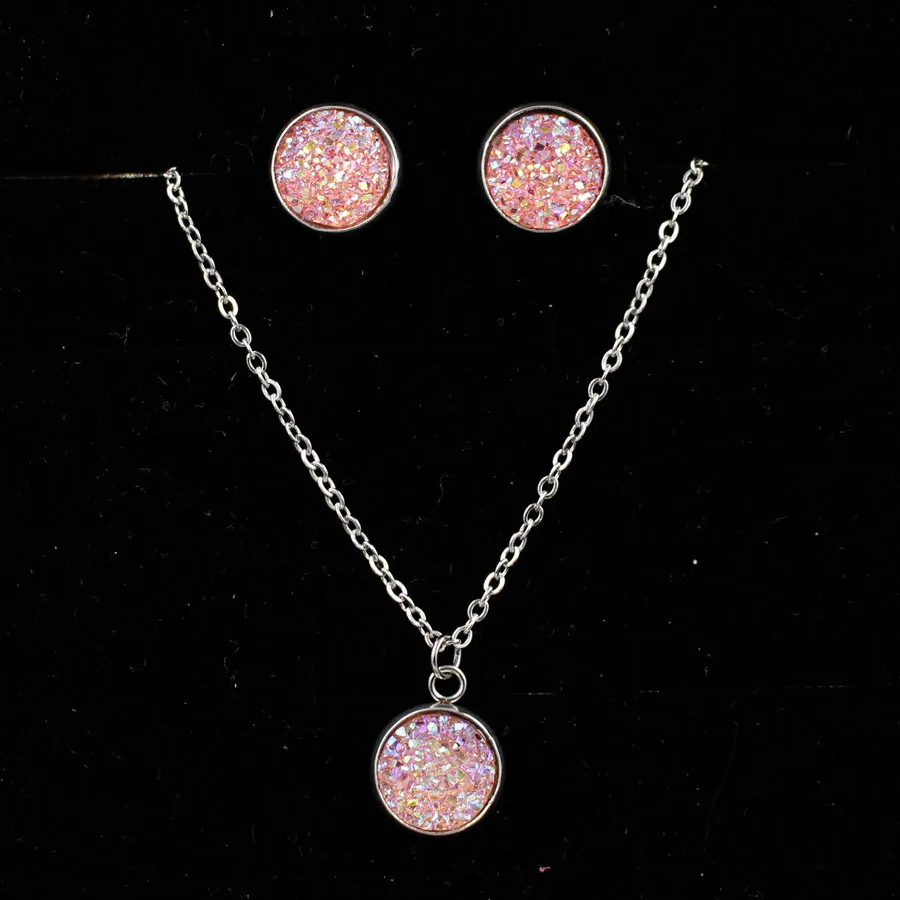 12 мм серьги-гвоздики Druzy Drusy, ожерелье, ювелирный набор, ожерелье-воротник из смолы для женщин, девушек, ювелирное изделие, подарок - Окраска металла: E