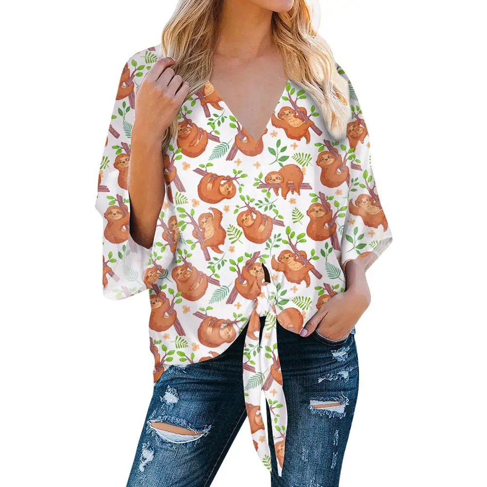 

V Neck Wholesale custom sloth Cartoons Print pattern Deep V-neck Flared Sleeves Sexy fashion Casual Loose Chiffon Women Shirts