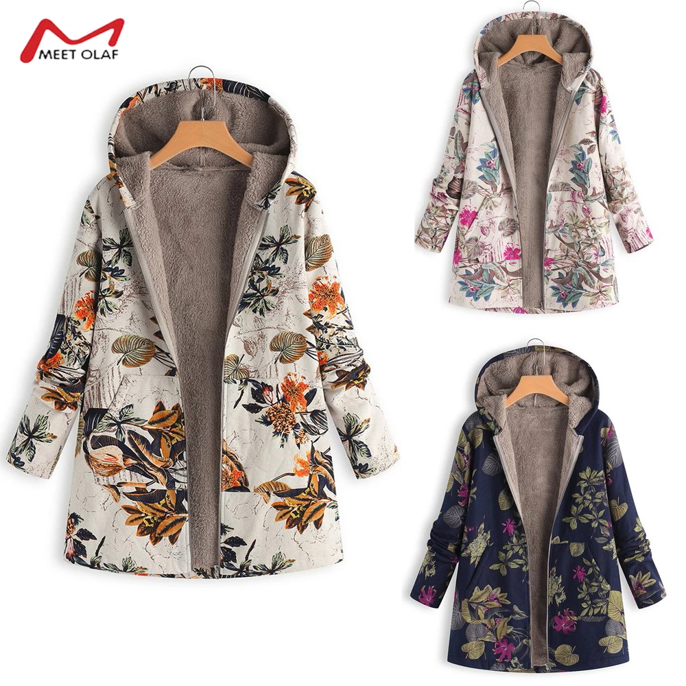 

New Winter Women's Cotton And linen Printed Hooded Jacket Vintage Flower Print Hoodie Warm Padded Coat Plus Size Parkas CA3106