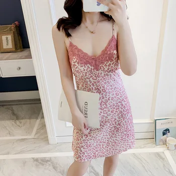 

Sexy Leopard Print Lace Splicing Elegant Lady Nightdress Fashion Ice Ribbon Chest Slim Korean Home Dress Camison Sexy Mujer