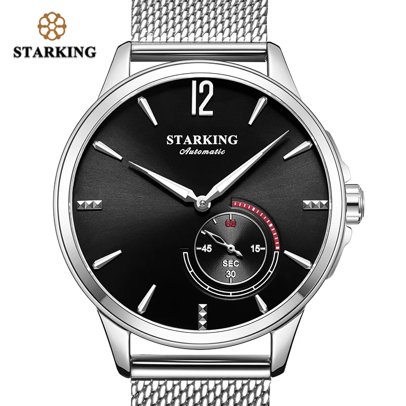 

STARKING Stainless Steel Mechanical Watch Black Men Automatic Mesh Band Male WristWatch 5Bar Water Resistant Relogio Masculino
