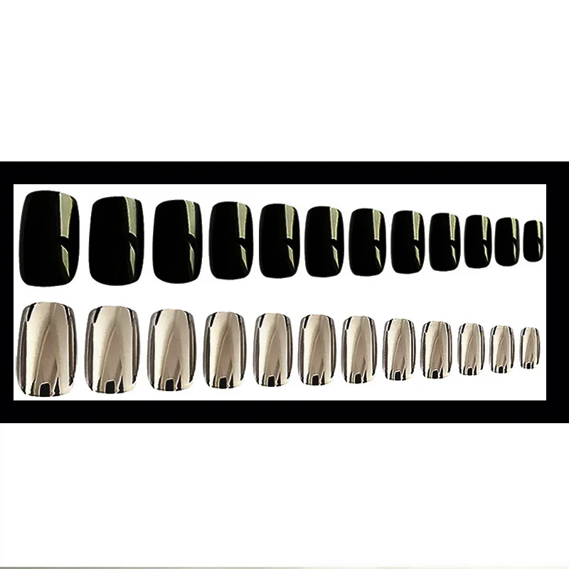 Nusx 24pcs Black Silver Press On False Nails TipsManicure Medium Acrylic Design Jumping Color Adhesive Glue 3