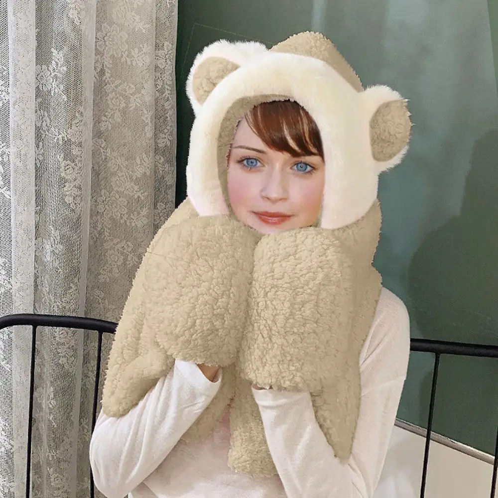 Khaki Зимние наушники, шапки, перчатки, 3 в 1, женский теплый плюшевый шарф с капюшоном, шарф с ушками, снуд, карман, запонки, антируморы, кэш, ореиль#2O15 - Цвет: Khaki