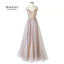Бисер длинные вечерние платья Тюль Иллюзия вечернее платье без рукавов с открытой спиной Глубокий v-образный вырез платья для выпускного вечера для женщин OL103548-1