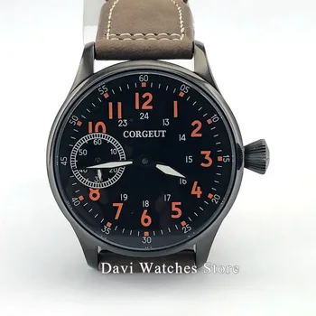 

CORGEUT Men's Watches 44mm Black Dial PVD Case Leather Strap 6497 Hand Winding Movement