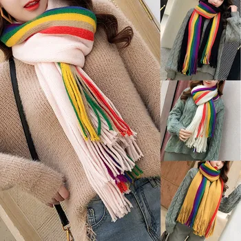 

Wholesale Warm Rainbow Women Girl Scarves Shawl Wraps Tassel Long Knitted Scarf Gift Multifunction Scarf G66