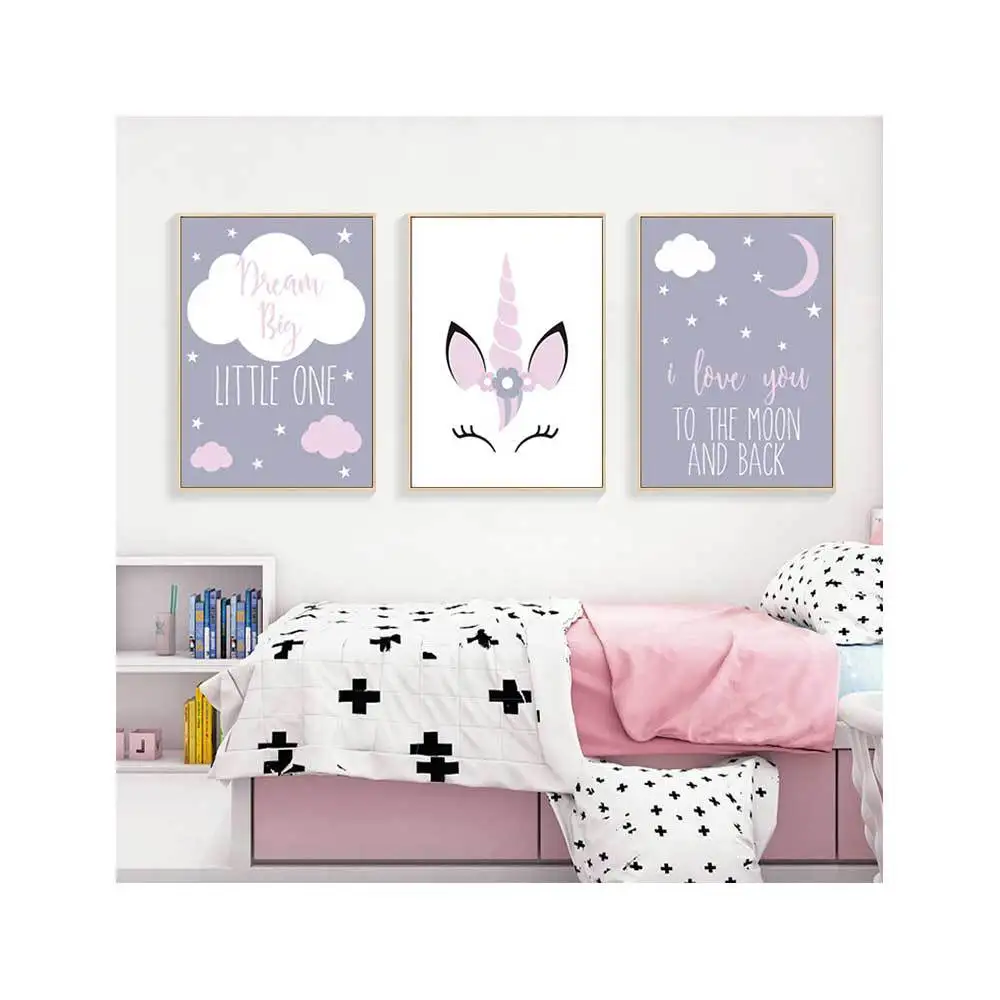 Nordic Cartoon Unicorn Cloud Canvas Painting I Love You To The Moon And Back Poster Cute Pink Girl Room Mural Decor Pictures | Дом и сад