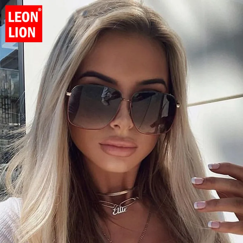 LeonLion 2021 Fashion Metal Women Sunglasses Mirror Classic Large frame Retro Street Beat Glasses Travel Oculos De Sol UV400