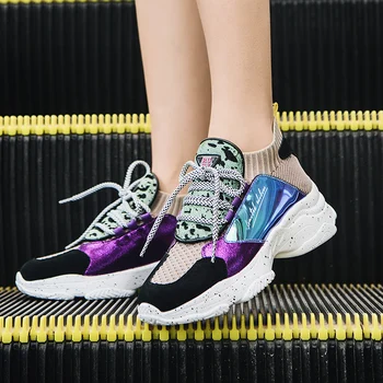 

2020 Spring Style Round Toe Platform Chunky Sneakers Dad Shoes Sock Yellow Green Basket Femme Women Shoes Size 35-39 LZ9013