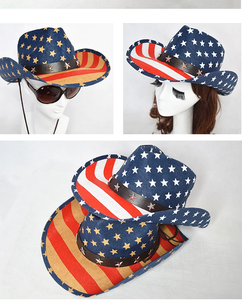 Качественный американский флаг Панама западная ковбойская шляпа Матросская танцевальная шляпа индивидуальная pull wind steppe stars jazz hat cowgirl