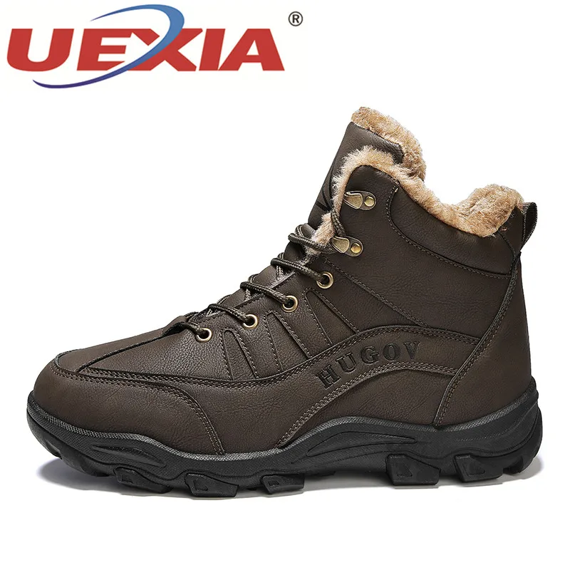 UEXIA Winter Snow Boots Men Casual Cow Split Leather Shoes Motorcycle Comfortable Flat Men Boots Lace-up Shoes Male Ankle Boots - Цвет: brown