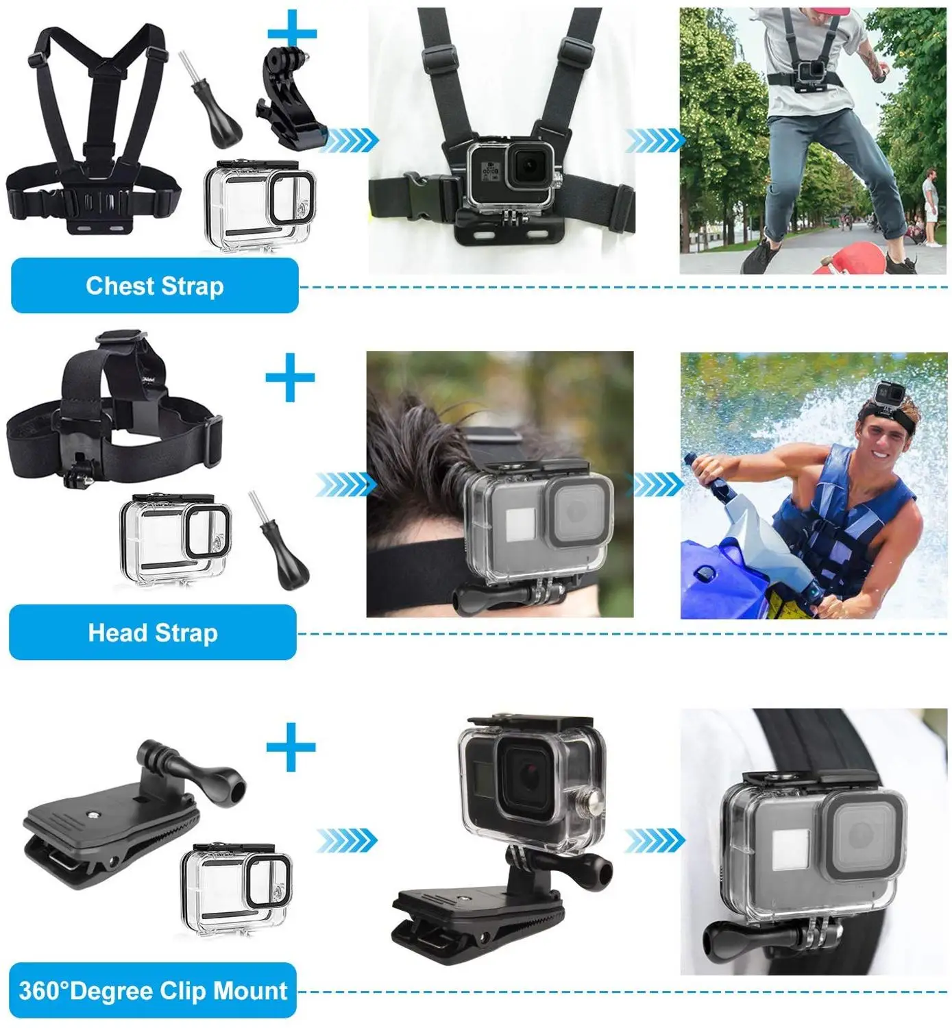Комплект аксессуаров для GoPro Hero 8 черный, водонепроницаемый корпус/Чехол/Фильтры/нагрудный ремень на голову/крепление на присоске/крепление для велосипеда