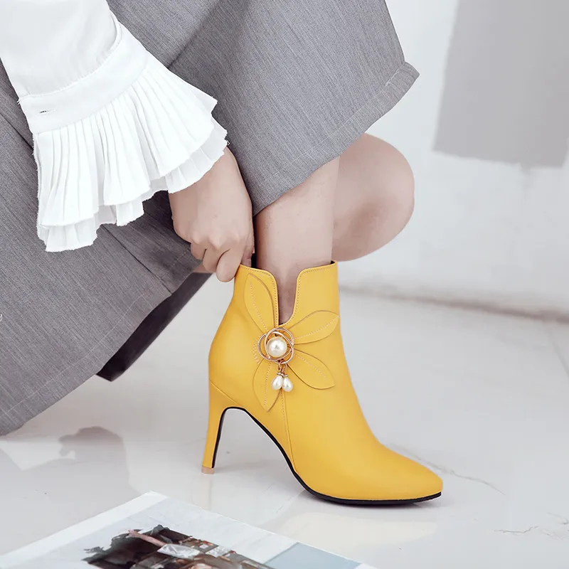 

Ladies Yellow White String Bead Party Stiletto Shoes Autumn Large Size High Heels Ankle Boots for Women Sexy Shoes 2018