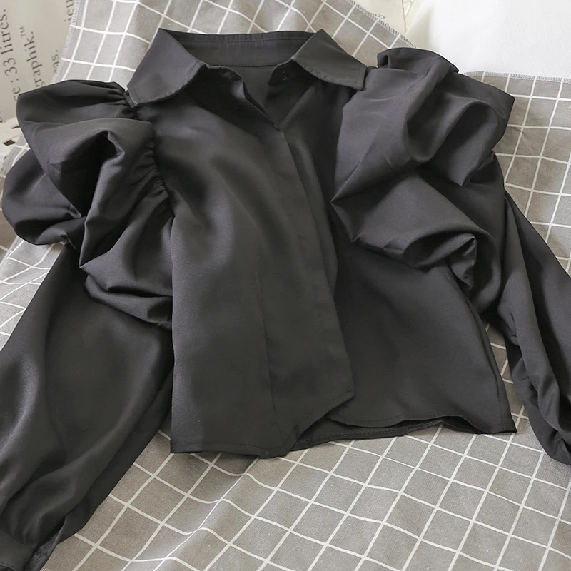 black Neploe, отложной воротник, большая пышная однотонная блузка с длинным рукавом, осень-весна, новинка, праздничная дизайнерская блуза на пуговицах, Пляжная рубашка 48189 - Цвет: black