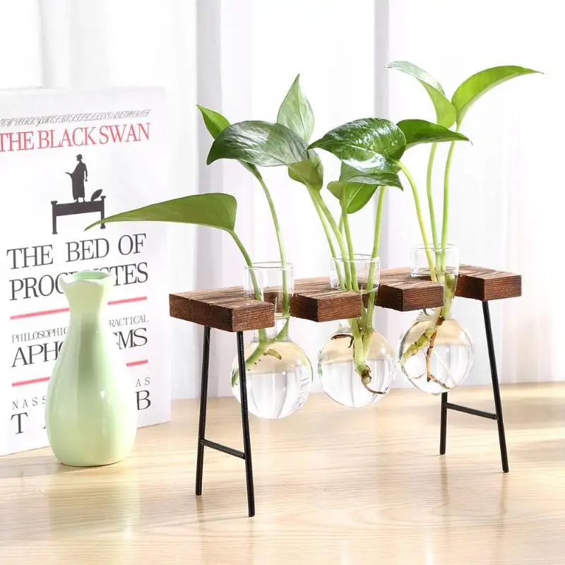 Креативная деревянная рамка ваза гидропонная растение прозрачный стеклянный контейнер подставка цветочные горшки украшение для дома и сада - Цвет: C